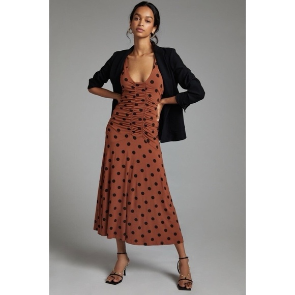 NWT!! ANTHROPOLOGIE Ruched Midi Dress Brown Black Polka Dots Party X-Small - Picture 5 of 14